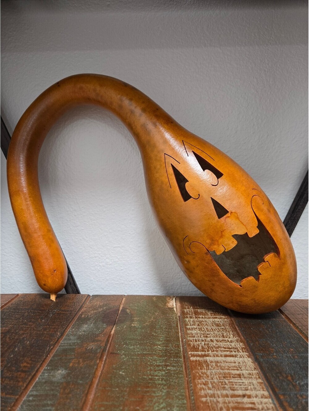 Vintage Hand Carved Gooseneck Gourd Jack O Lantern Primitive Halloween Folk Art